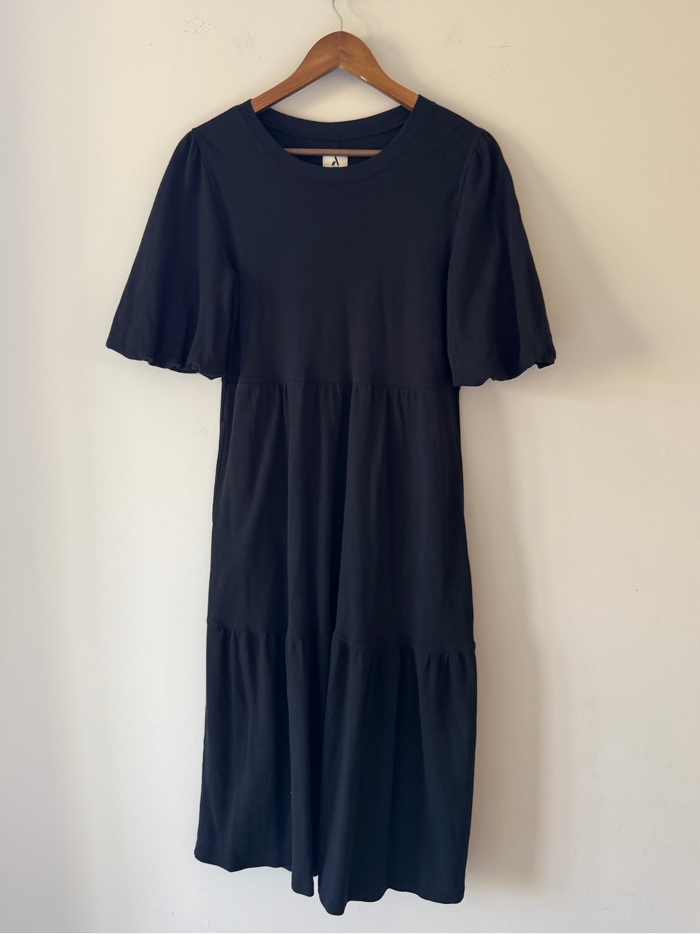 Amazon Black Tiered Midi Dress with Puff Sleeves Size Medium 100% Cotton